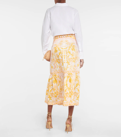 Shop Zimmermann Lyre Printed Linen Midi Skirt In Yellow Palm