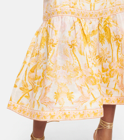 Shop Zimmermann Lyre Printed Linen Midi Skirt In Yellow Palm