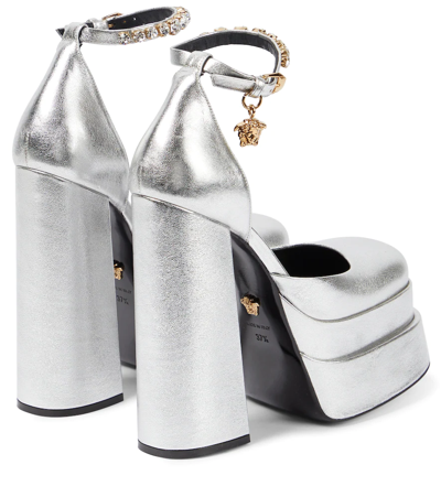 Shop Versace Medusa Aevitas Leather Platform Pumps In Silver