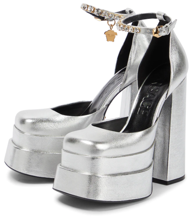 Shop Versace Medusa Aevitas Leather Platform Pumps In Silver