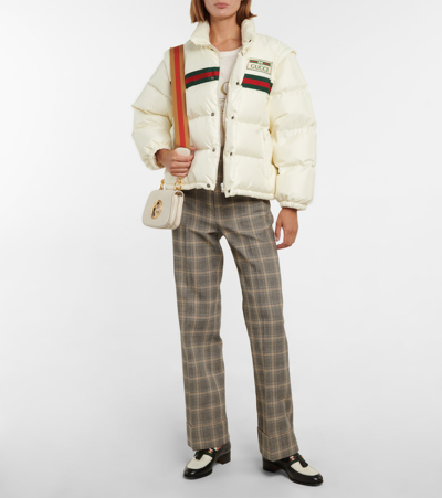 Gucci Padded Nylon Bomber Jacket With Web In Natural White/mix