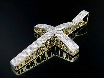 Pre-owned Jewelry Unlimited Men's 10k Yellow Gold Genuine Diamond Icy Dome Cross Pendant Charm 3/4ct 2.5" In H-i