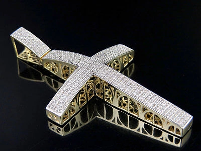 Pre-owned Jewelry Unlimited Men's 10k Yellow Gold Genuine Diamond Icy Dome Cross Pendant Charm 3/4ct 2.5" In H-i