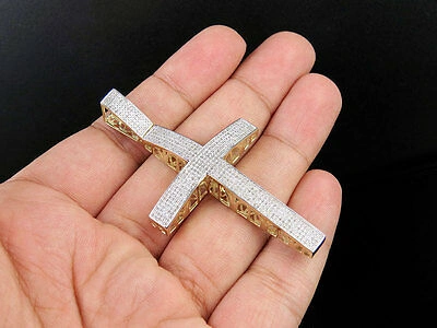 Pre-owned Jewelry Unlimited Men's 10k Yellow Gold Genuine Diamond Icy Dome Cross Pendant Charm 3/4ct 2.5" In H-i