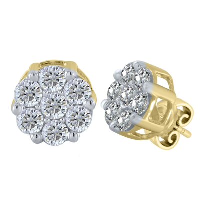 Pre-owned Halo 1.40 Ct Round Cut Natural Diamond 10k Yellow Gold Flower Cluster Studs Earrings In H-i