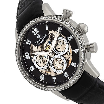 Pre-owned Empress Beatrice Automatic Skeleton Dial Leather Watch W/day/date - Silver/black