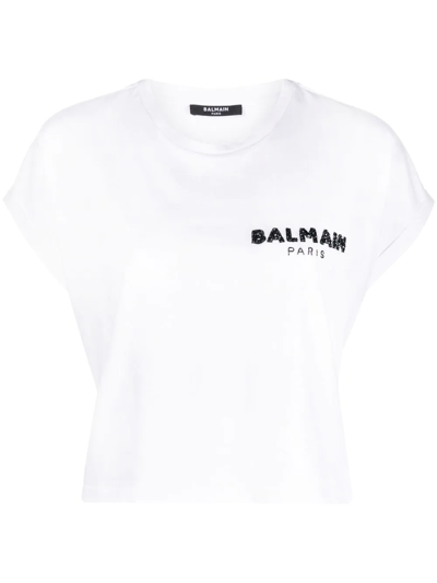 Shop Balmain Sequin Logo Round Neck T-shirt In White