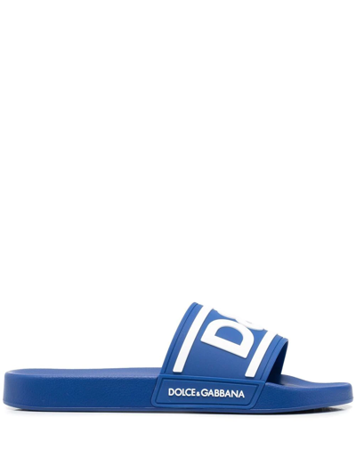 Shop Dolce & Gabbana Logo-print Detail Pool Slides In Blau