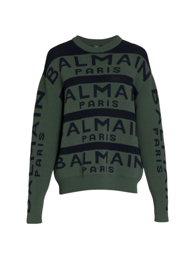 Shop Balmain Men's All-over  Wool-blend Sweater In Bleu Marine Vert Bouteille