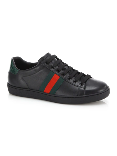 Shop Gucci Women's New Ace Leather Sneakers With Web Detail In Black