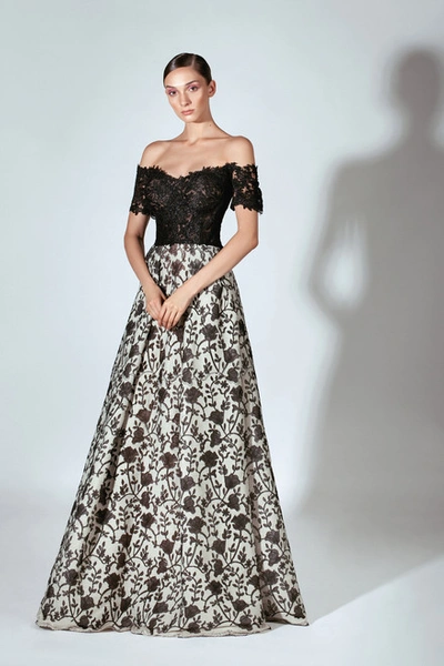 Shop Beside Couture By Gemy Off The Shoulder/ Floral Skirt Gown In Black-grey