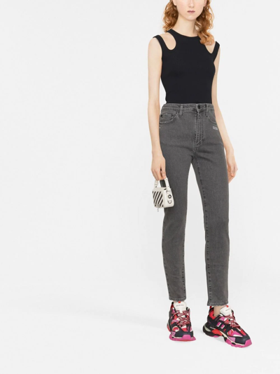 Off-white Slogan-print Cropped Skinny Jeans In Grau