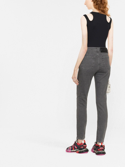 Off-white Slogan-print Cropped Skinny Jeans In Grau