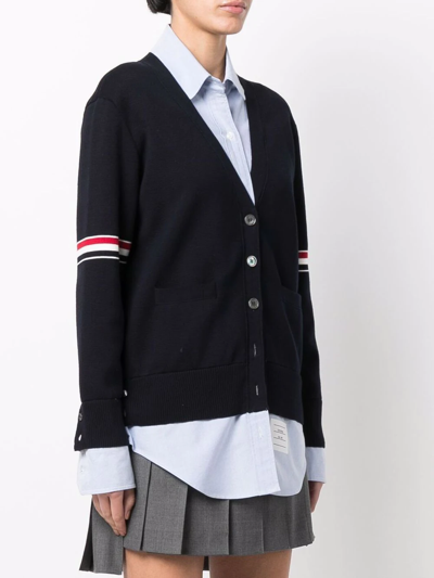 Thom Browne Rwb-armbands V-neck Cardigan In Blue