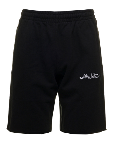 Shop Off-white Black Cotton Bermuda Shorts With Script Logo Embroidery Off White Man