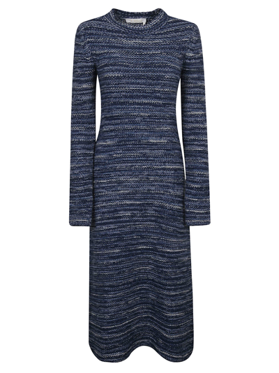 Shop Chloé Standing Collar Longsleeved Knit Dress In Cosmic Blue