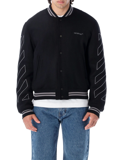 Shop Off-white Diag Outline Wool Varsity Jacket In Black