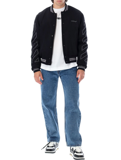 Shop Off-white Diag Outline Wool Varsity Jacket In Black