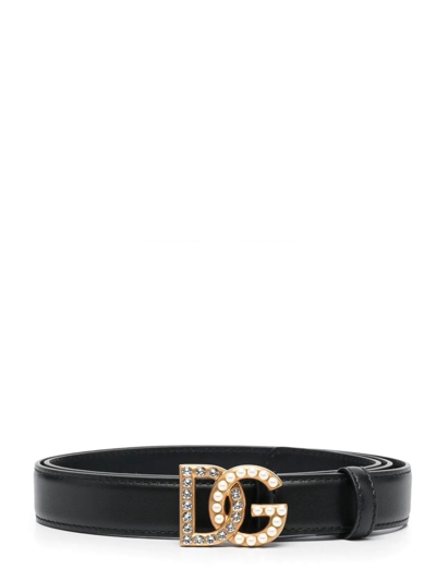 Dolce & Gabbana Black Belt With Dg Logo Buckle With Pearls And Rhinestones In Smooth Leather Woman In Black