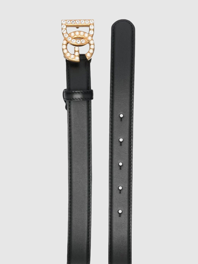 Dolce & Gabbana Black Belt With Dg Logo Buckle With Pearls And Rhinestones In Smooth Leather Woman In Black