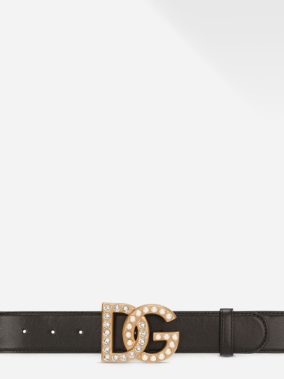 Dolce & Gabbana Black Belt With Dg Logo Buckle With Pearls And Rhinestones In Smooth Leather Woman In Black