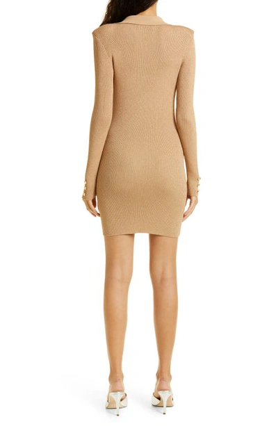 Shop Retroféte Mimi Button Front Long Sleeve Rib Dress In Nude