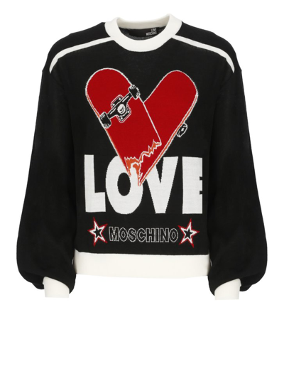 Shop Love Moschino Graphic Printed Crewneck Sweater In Black