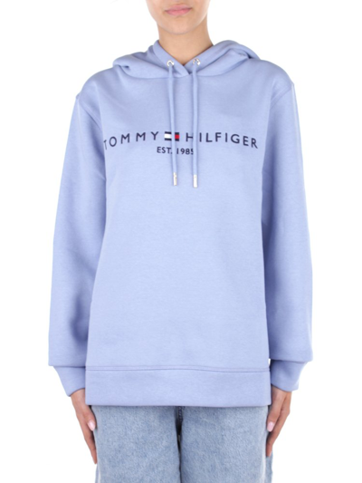 Shop Tommy Hilfiger Logo Embroidered Hoodie In Blue