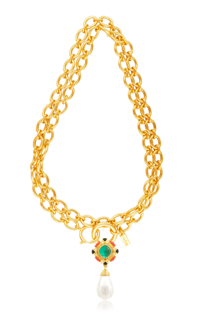 Shop Valére The Emilia 24k Gold-plated Emerald Quartz And Pearl Necklace In Green
