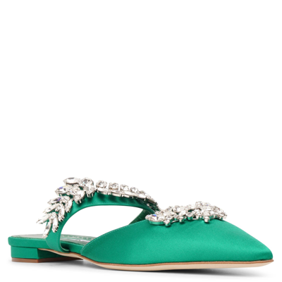 Shop Manolo Blahnik Lurum Emerald Satin Flats