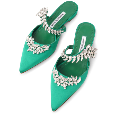 Shop Manolo Blahnik Lurum Emerald Satin Flats