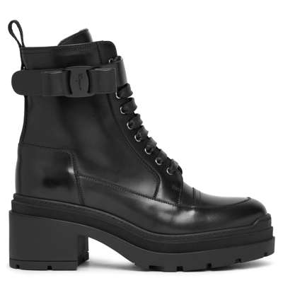 Shop Ferragamo Vara Bow Black Leather Ankle Boots