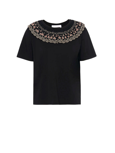 Shop See By Chloé Embroidered Neck Detail T-shirt In Black