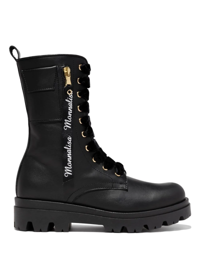 Shop Monnalisa Logo-trim Lace-up Combat Boots In 黑色