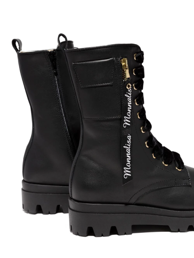 Shop Monnalisa Logo-trim Lace-up Combat Boots In 黑色