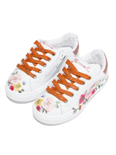 Shop Monnalisa Floral-print Lace-up Sneakers In 白色