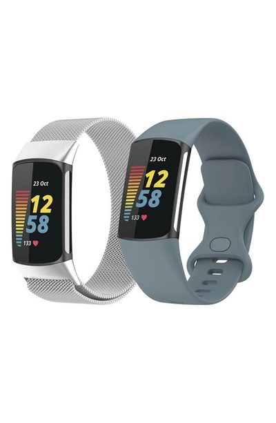 Shop The Posh Tech Assorted 2-pack Silicone Sport & Stainless Steel Fitbit® Watchbands In Silver/ Blue Mist