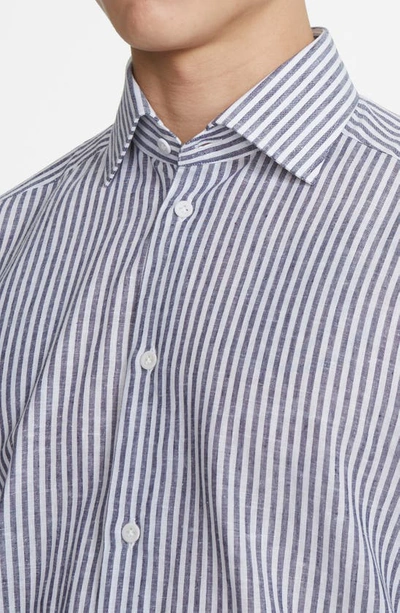 Shop Jack Victor Abbott Stripe Linen & Cotton Dress Shirt In Navy / White