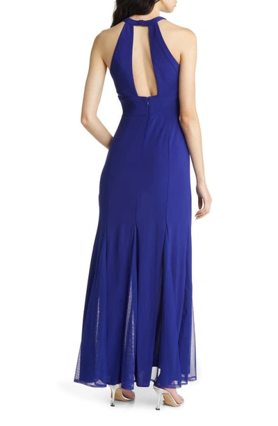 Morgan & Co. Cleo Crystal Detail Open Back Gown In Electric Blue