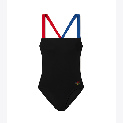Shop Tory Burch Colorblock Tank Swimsuit In Black