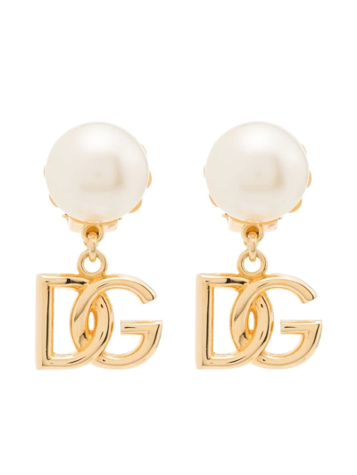 Dolce & Gabbana Dg Charm Imitation Pearl Clip-on Earrings In Gold