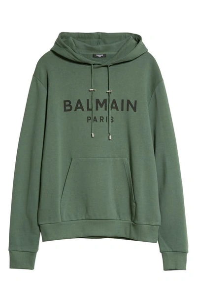 Balmain Mans Green Cotton Hoodie With Logo Print In Udd Vert Bouteille/ Noir