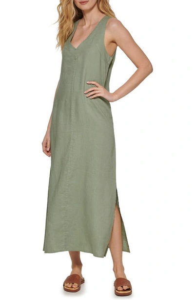 Shop Dkny V-neck Linen Maxi Dress In Aloe Vera
