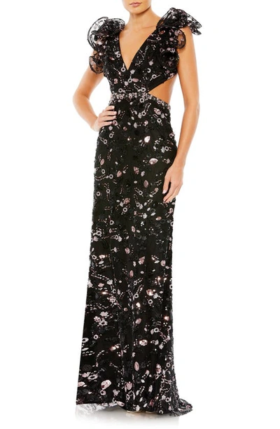 Shop Mac Duggal Sequin Ruffle Shoulder Lace-up Back Sheath Gown In Black Pink
