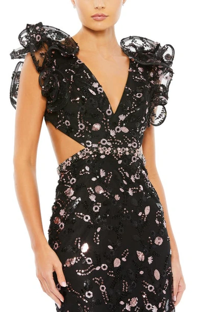 Shop Mac Duggal Sequin Ruffle Shoulder Lace-up Back Sheath Gown In Black Pink