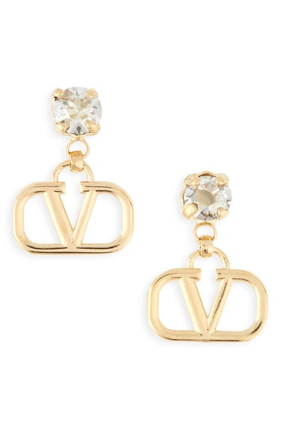 Shop Valentino Vlogo Pendant Stud Earrings In Oro 18/ Crystal Silver Shade