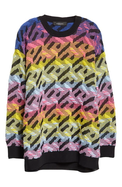 Shop Versace La Greca Rainbow Monogram Wool Blend Sweater In Multicolor