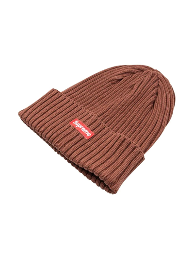 Supreme Box-logo Ribbed Beanie In Brown