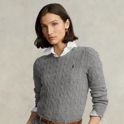 Shop Ralph Lauren Cable Wool-cashmere Crewneck Sweater In Fawn Grey Heather