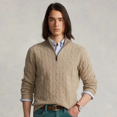Shop Ralph Lauren Cable-knit Cashmere Quarter-zip Sweater In Honey Brown Heather
